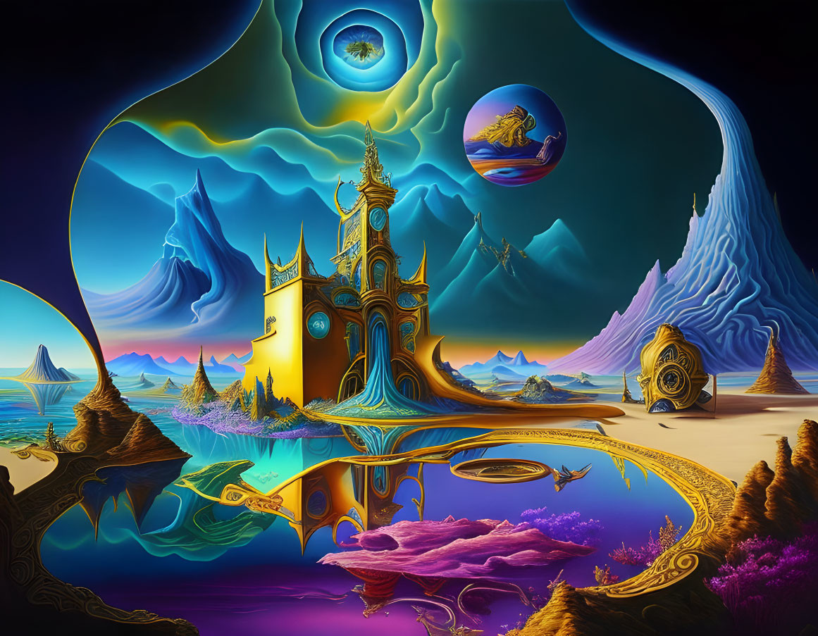 Surreal Landscape with Golden Clock Tower and Orbs