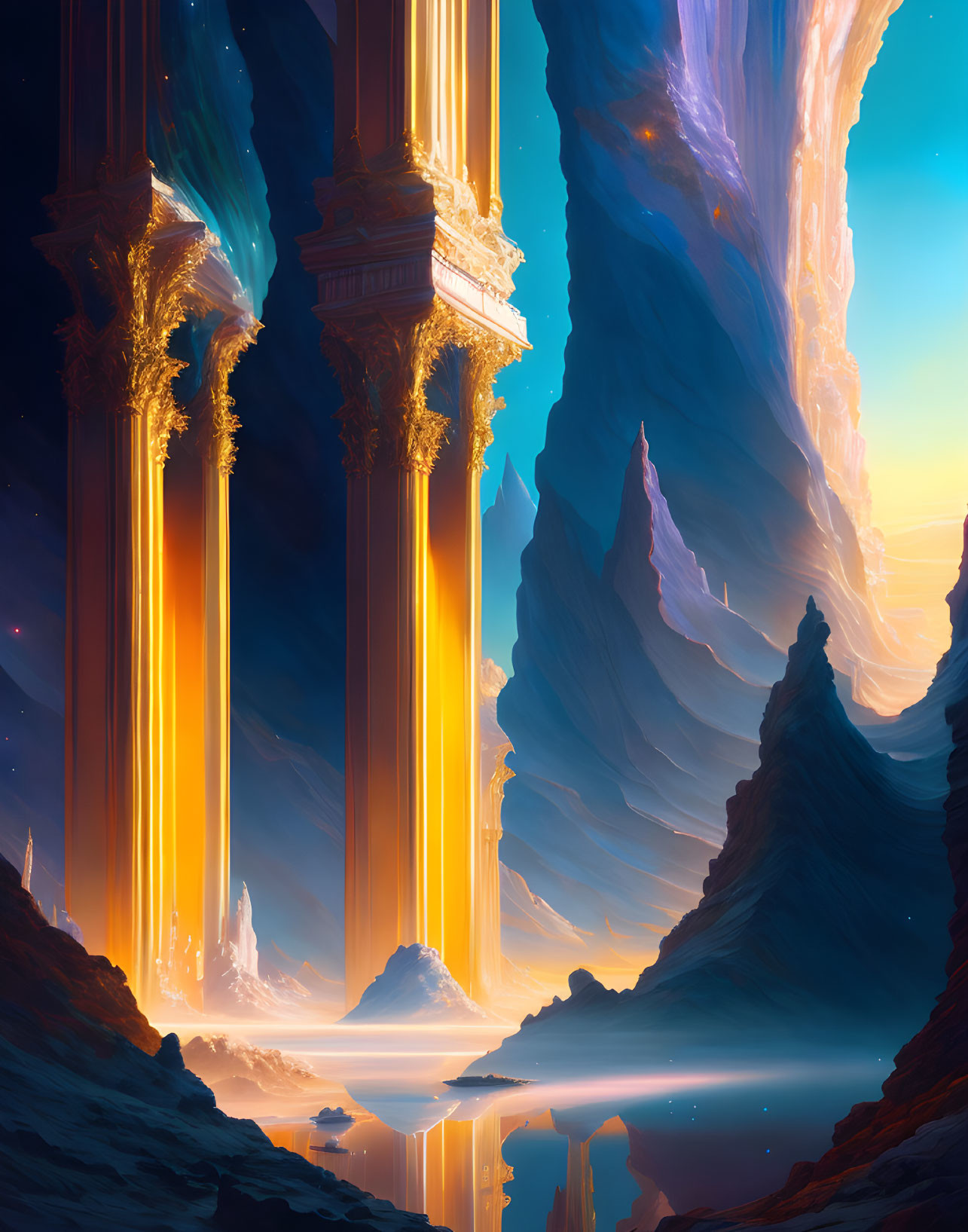 Majestic alien landscape with towering pillars and glowing waterfalls