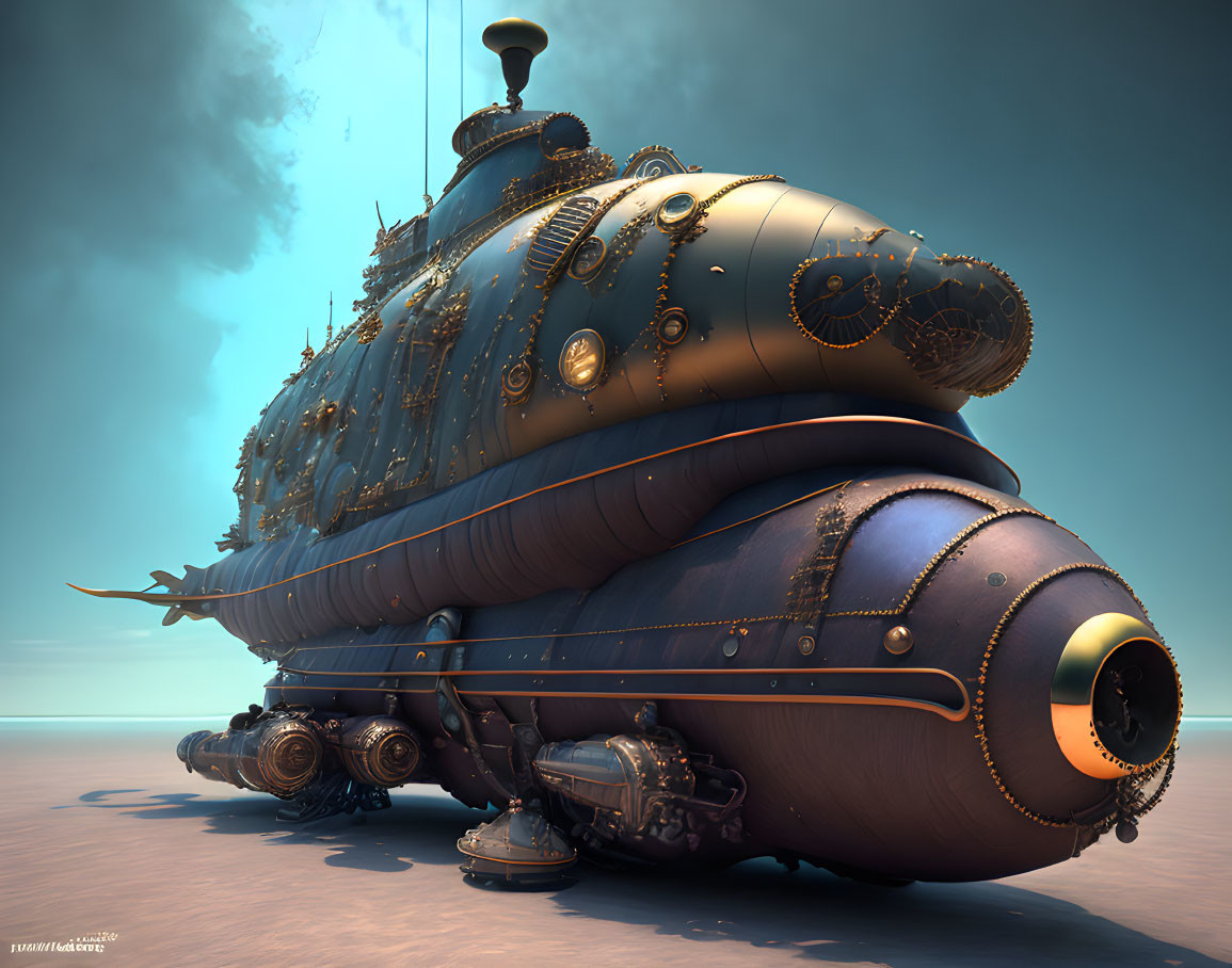 Fantastical steampunk-style submarine art on flat surface