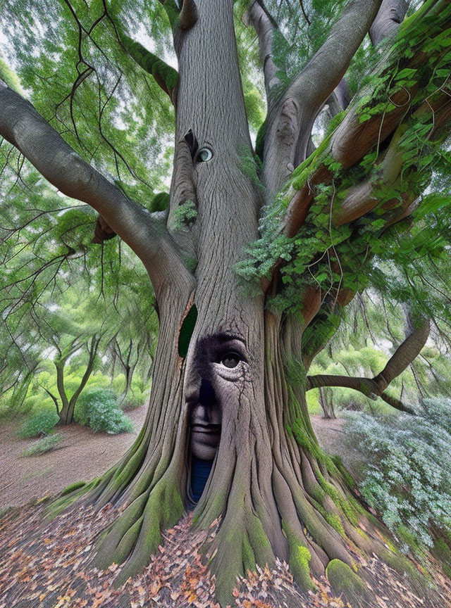 Tree trunk with human face illusion in forest