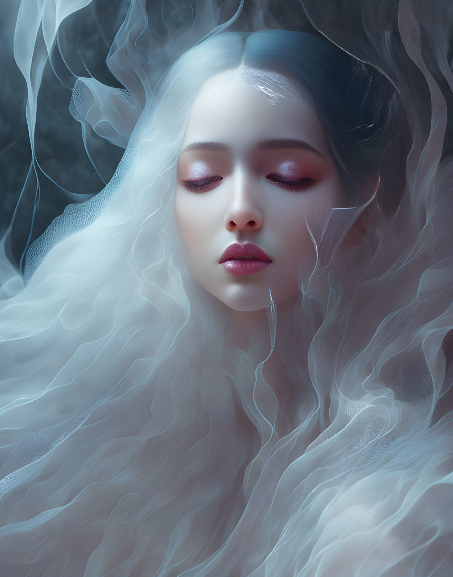 Surreal portrait of a woman with flowing white hair and ethereal blue tones