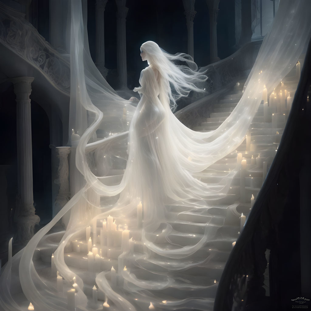 Ethereal ghostly figure on grand staircase with candles