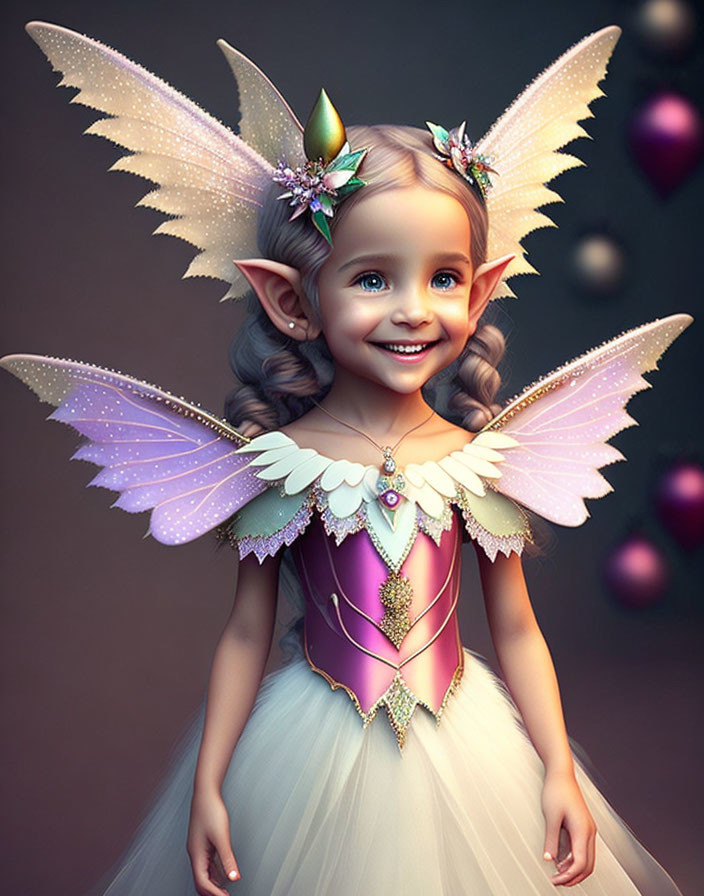 Smiling young fairy with sparkling wings and magical orbs