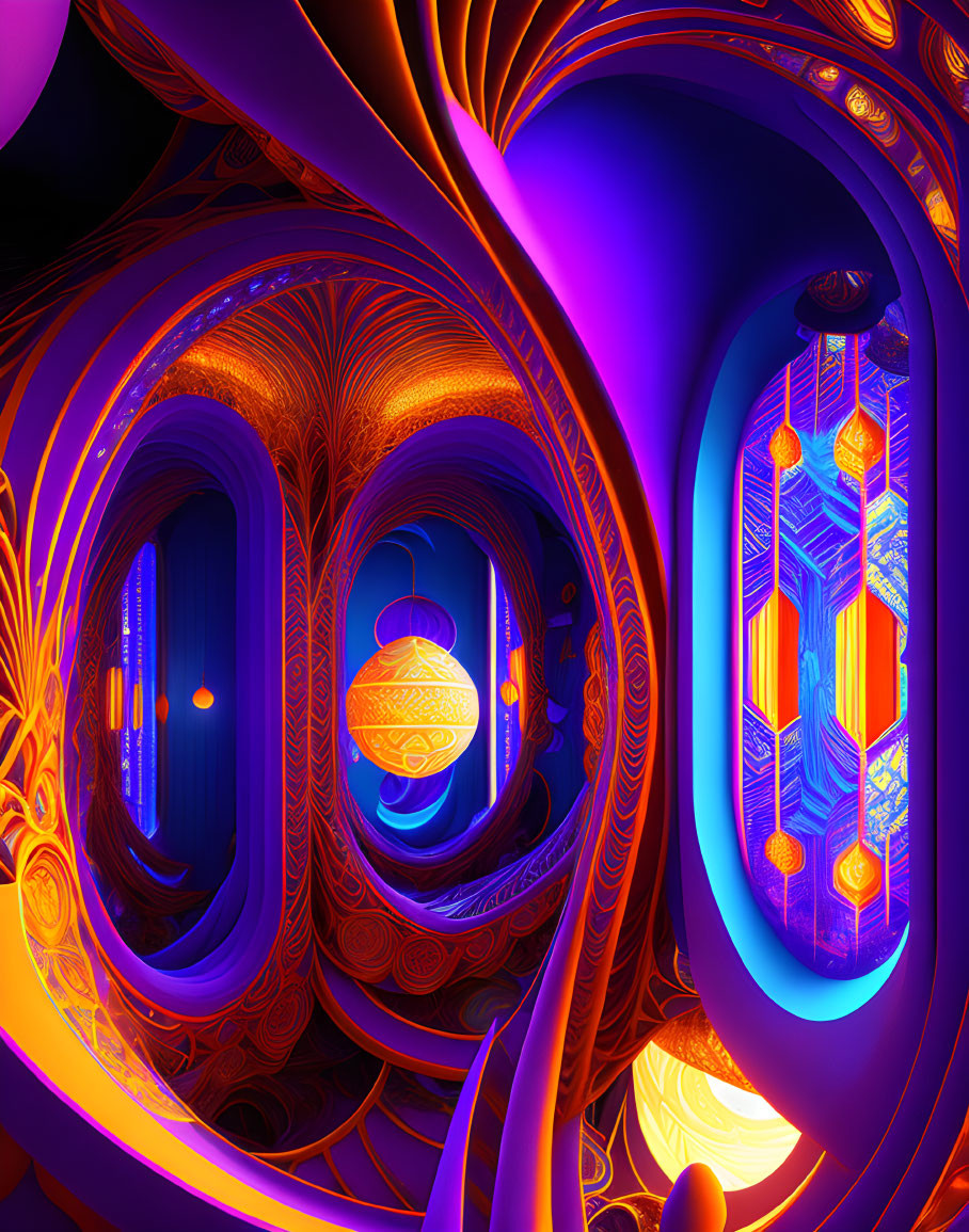 Surreal fractal digital art with vibrant blue and orange hues