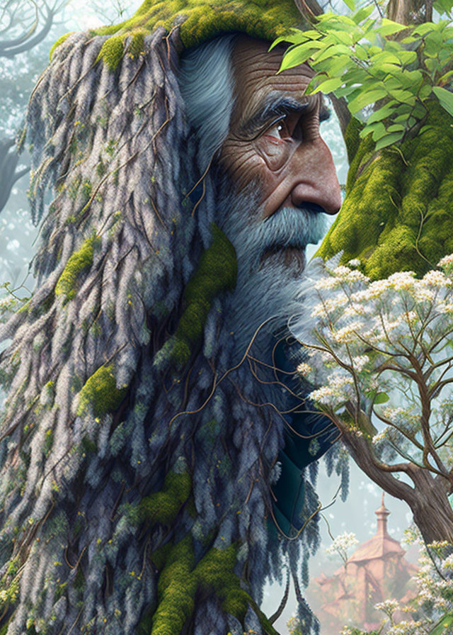 Elderly man with moss-covered beard blending into forest scenery