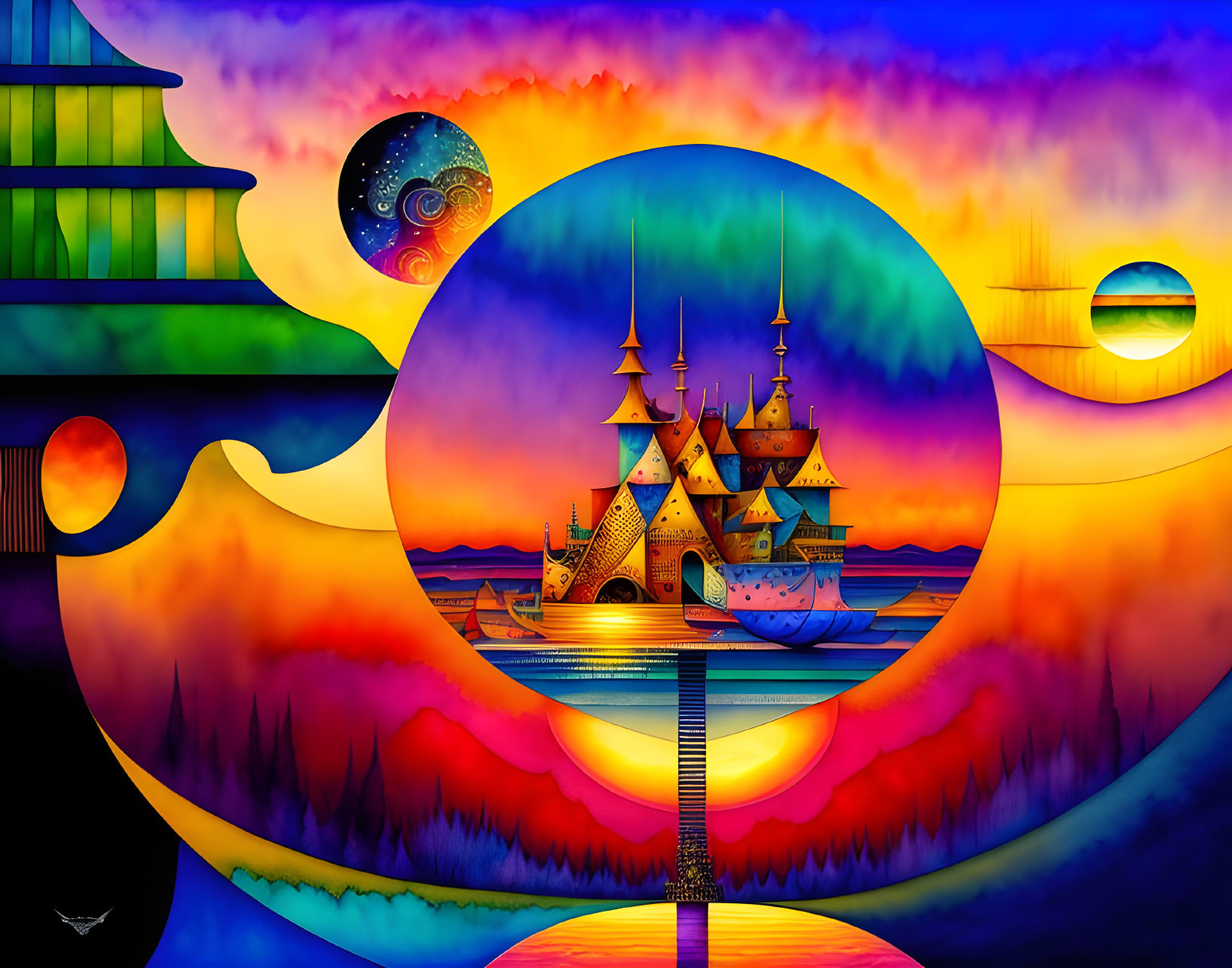 Surreal Landscape with Colorful Castle and Water