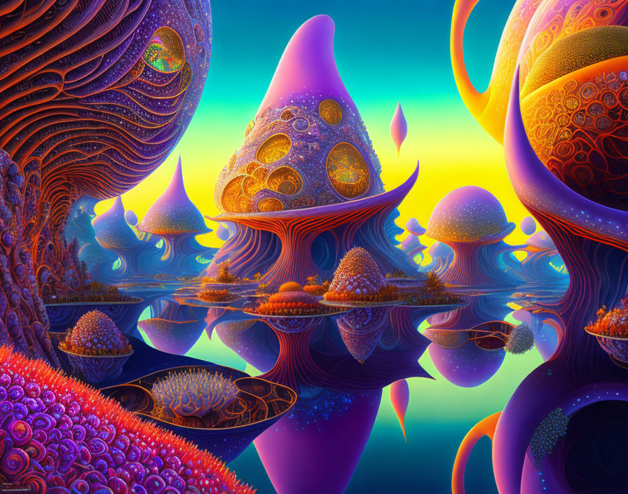 Colorful Digital Artwork: Surreal Mushroom Structures on Glassy Surface