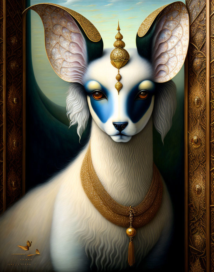 Regal anthropomorphic goat-like creature with gold jewelry in ornate border