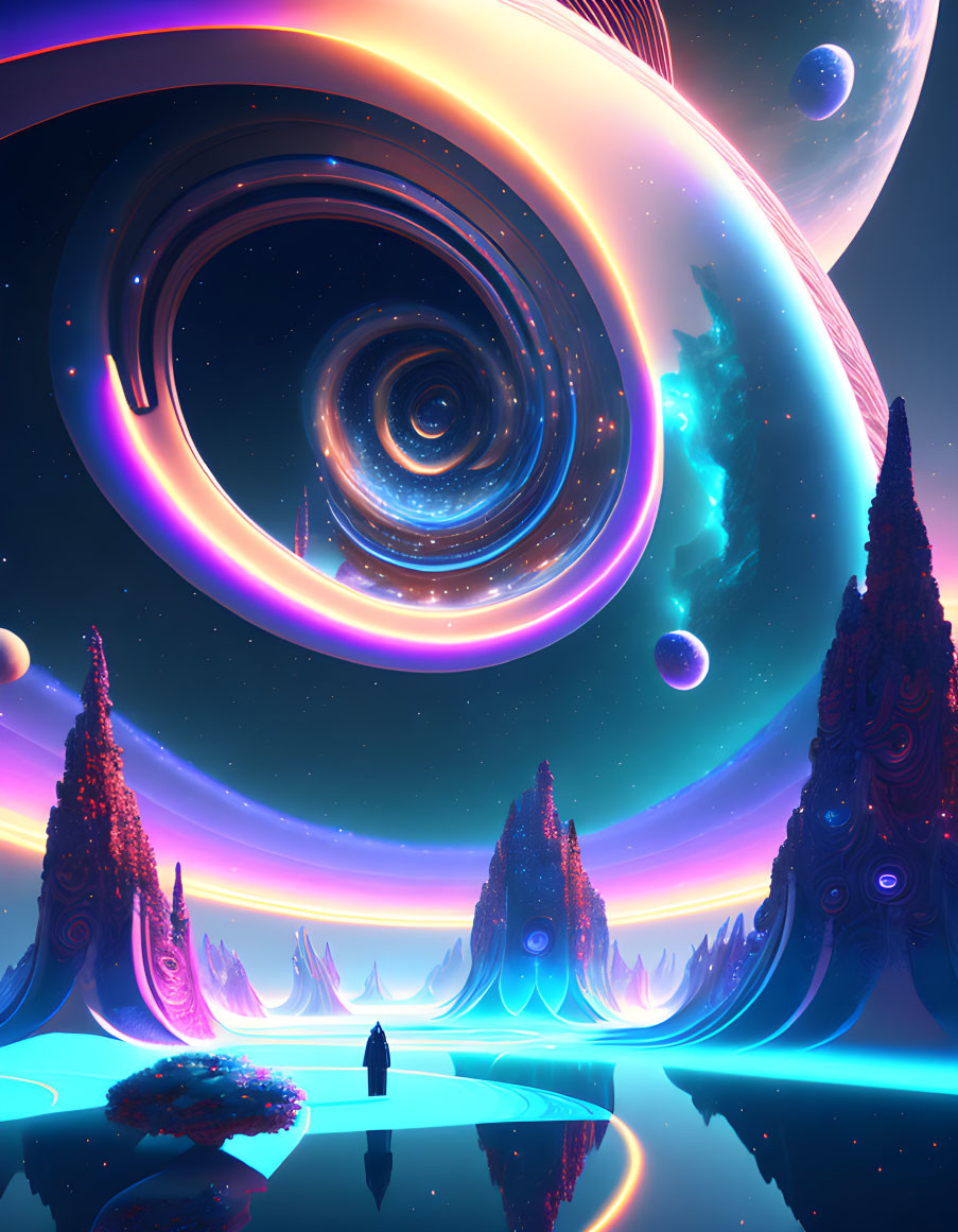 Surreal cosmic landscape with solitary figure and neon-lit trees