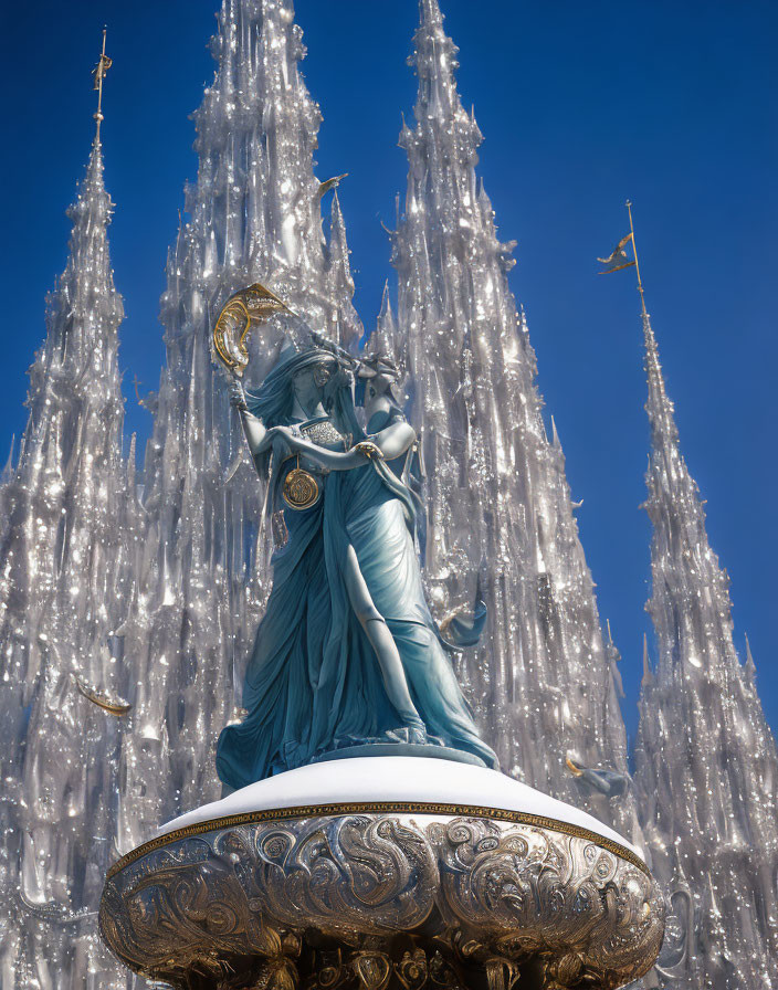 Robed figure statue with trumpet in icy spires landscape
