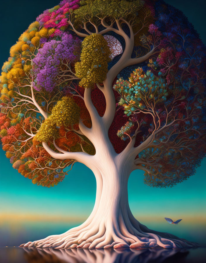 Colorful whimsical tree artwork with butterfly in vibrant digital design.