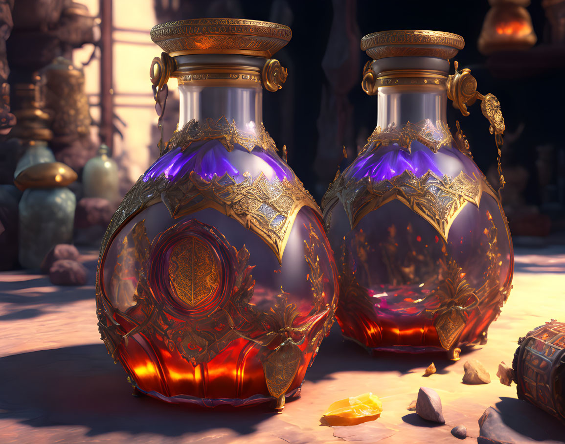 Ornate round potion bottles with red liquid and gold details in dimly lit setting