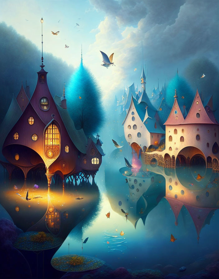 Whimsical fantasy landscape with glowing lights and flying birds