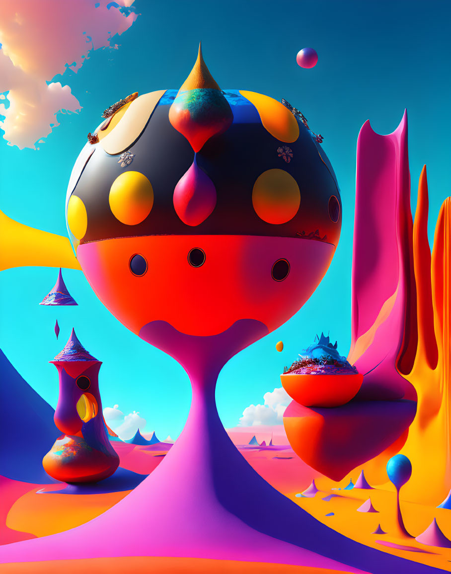 Colorful surreal landscape with tree-like structure and multicolored sphere under blue sky.