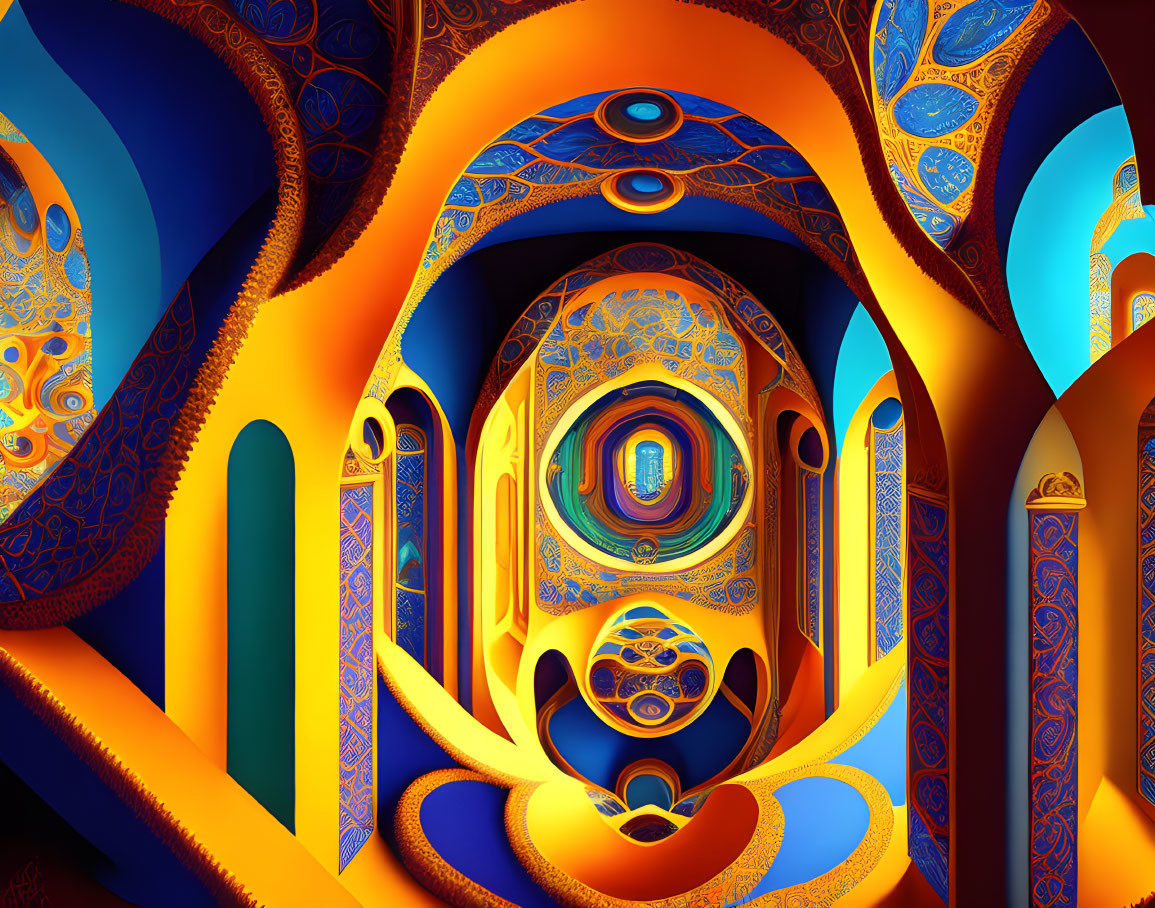 Colorful fractal art with intricate patterns and arches in orange, blue, and gold.