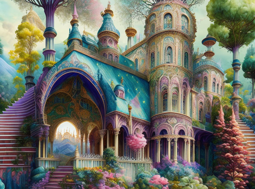 Colorful Castle Painting Surrounded by Whimsical Flora