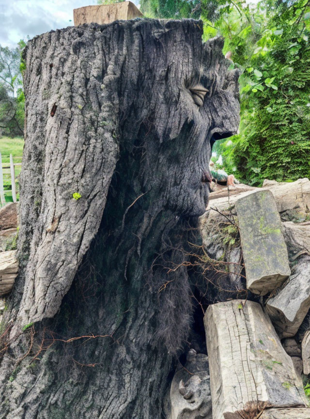 Detailed Carved Tree Stump Face Among Logs and Foliage on Cloudy Day