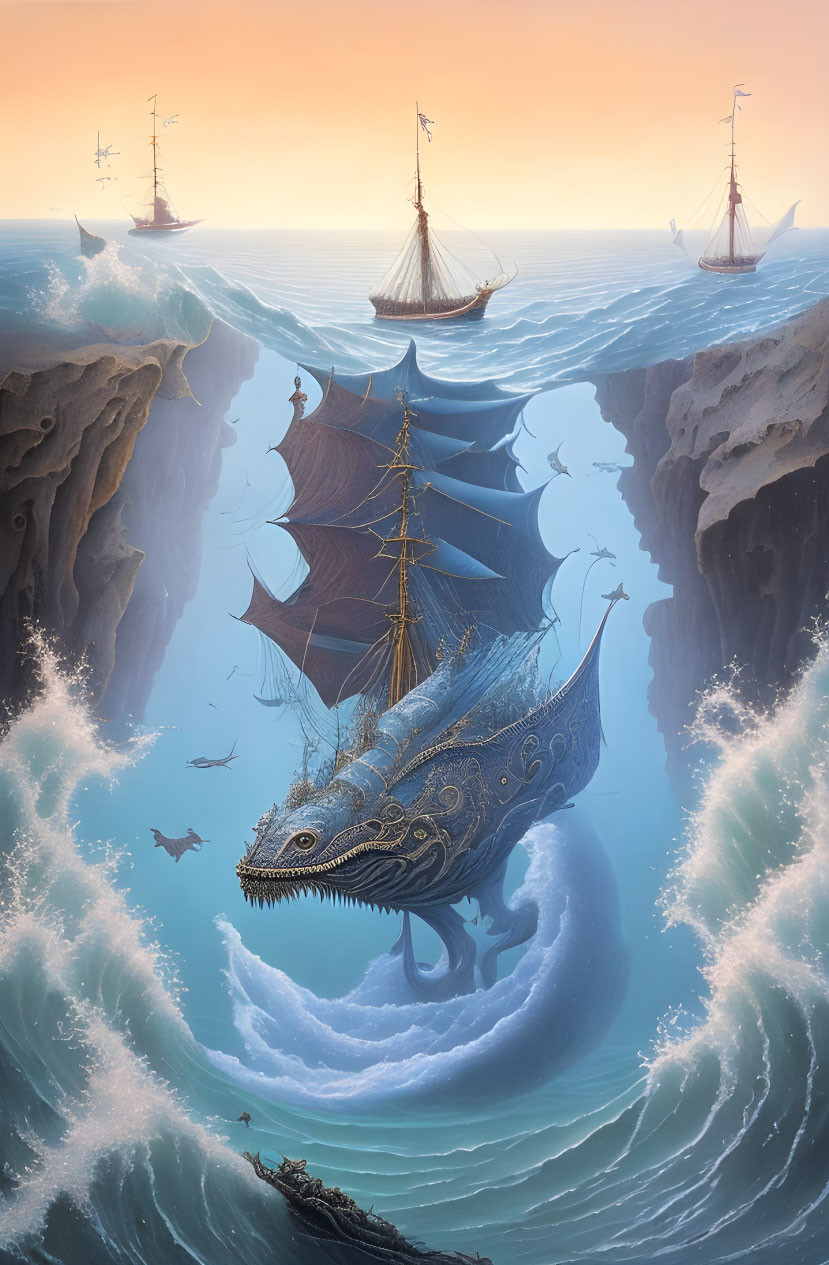 Fantastical art of ships sailing on and in giant sea creature in ocean cliffs.