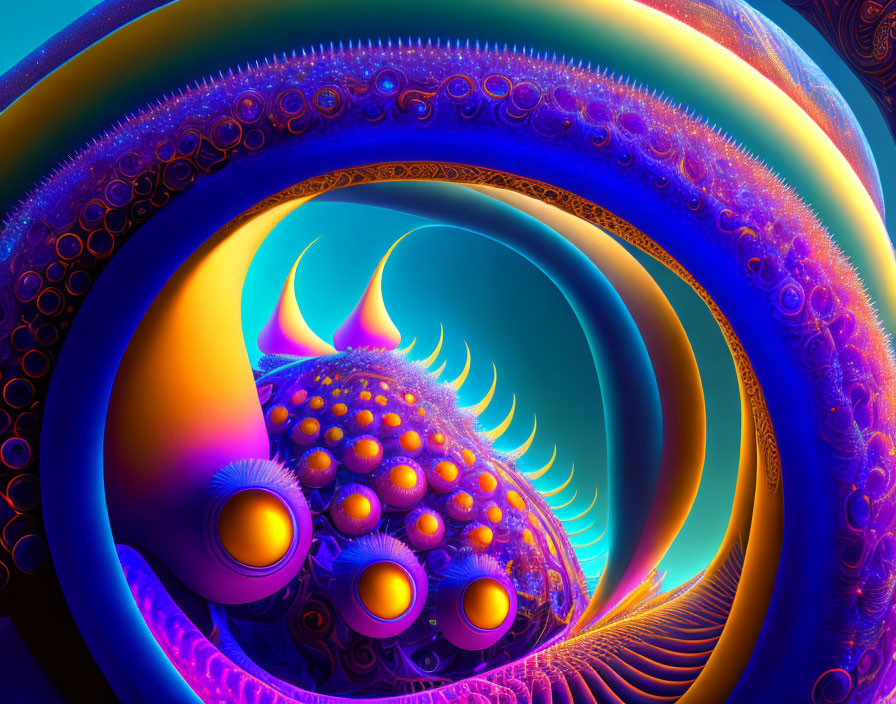 Colorful fractal art: blue and orange spiraling patterns, spherical and crescent shapes with intricate