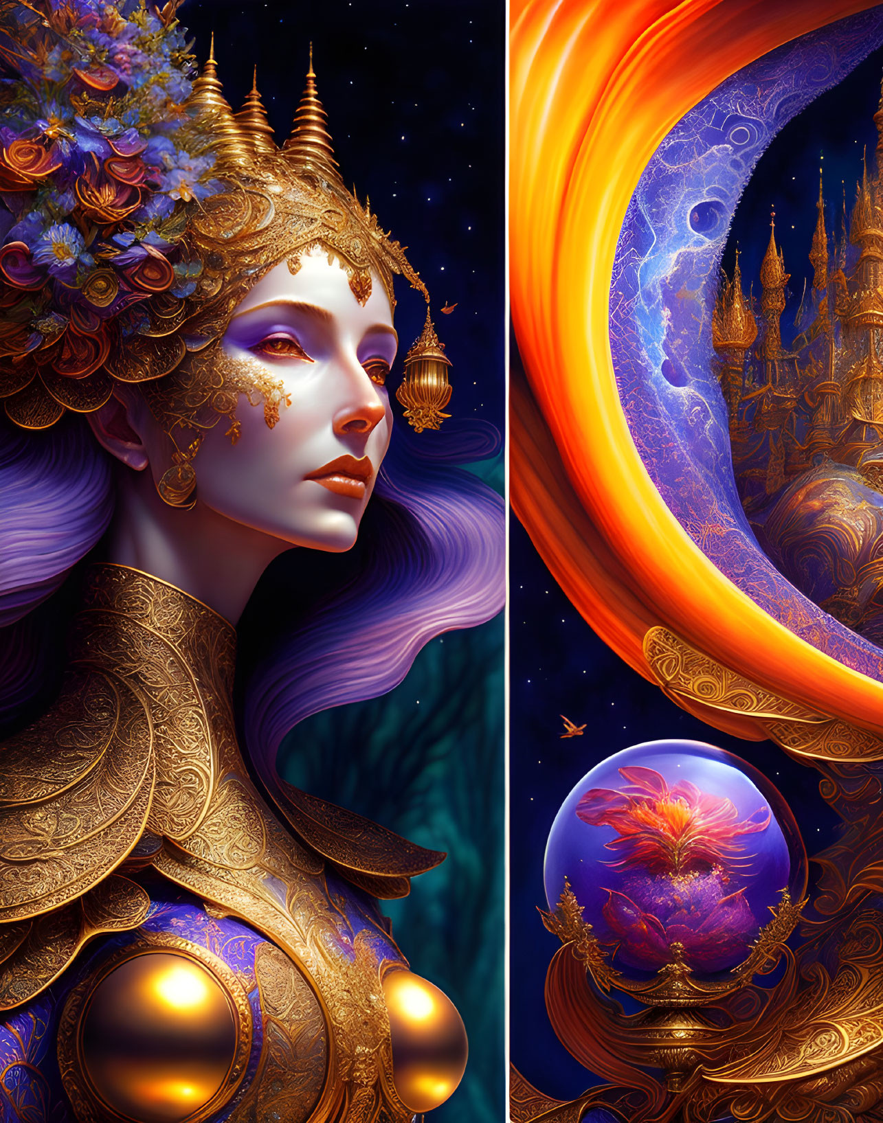 Adorned Queen Fantasy Illustration with Cosmic Backdrop