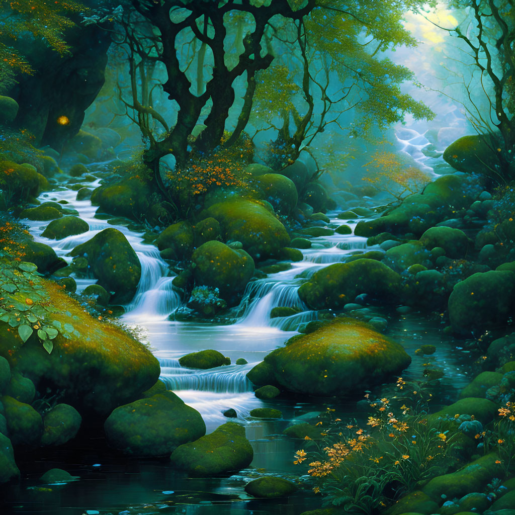 Tranquil forest stream with sunlight filtering through trees