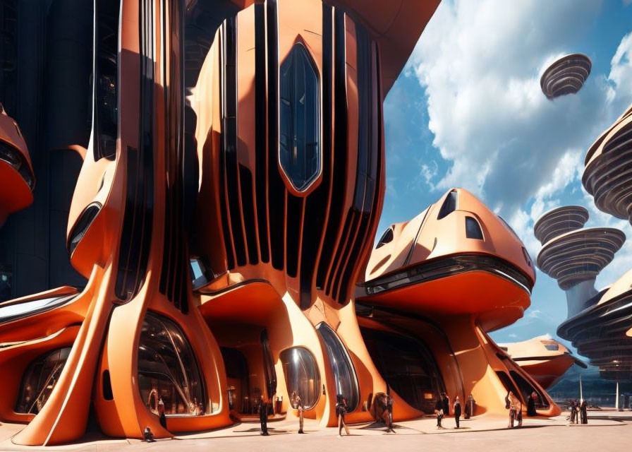 Orange organic-shaped buildings in futuristic cityscape under blue sky