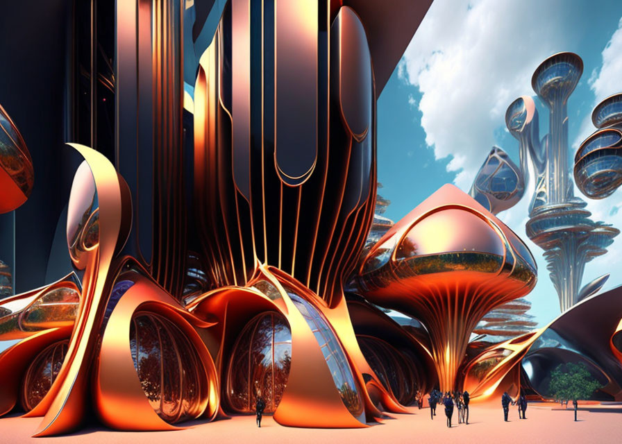 Futuristic cityscape with metallic structures and people under blue sky