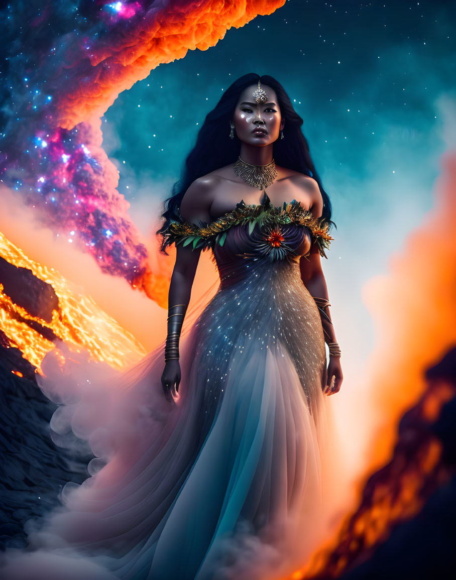 Mystical woman adorned with jewelry in front of volcanic eruption and twilight sky