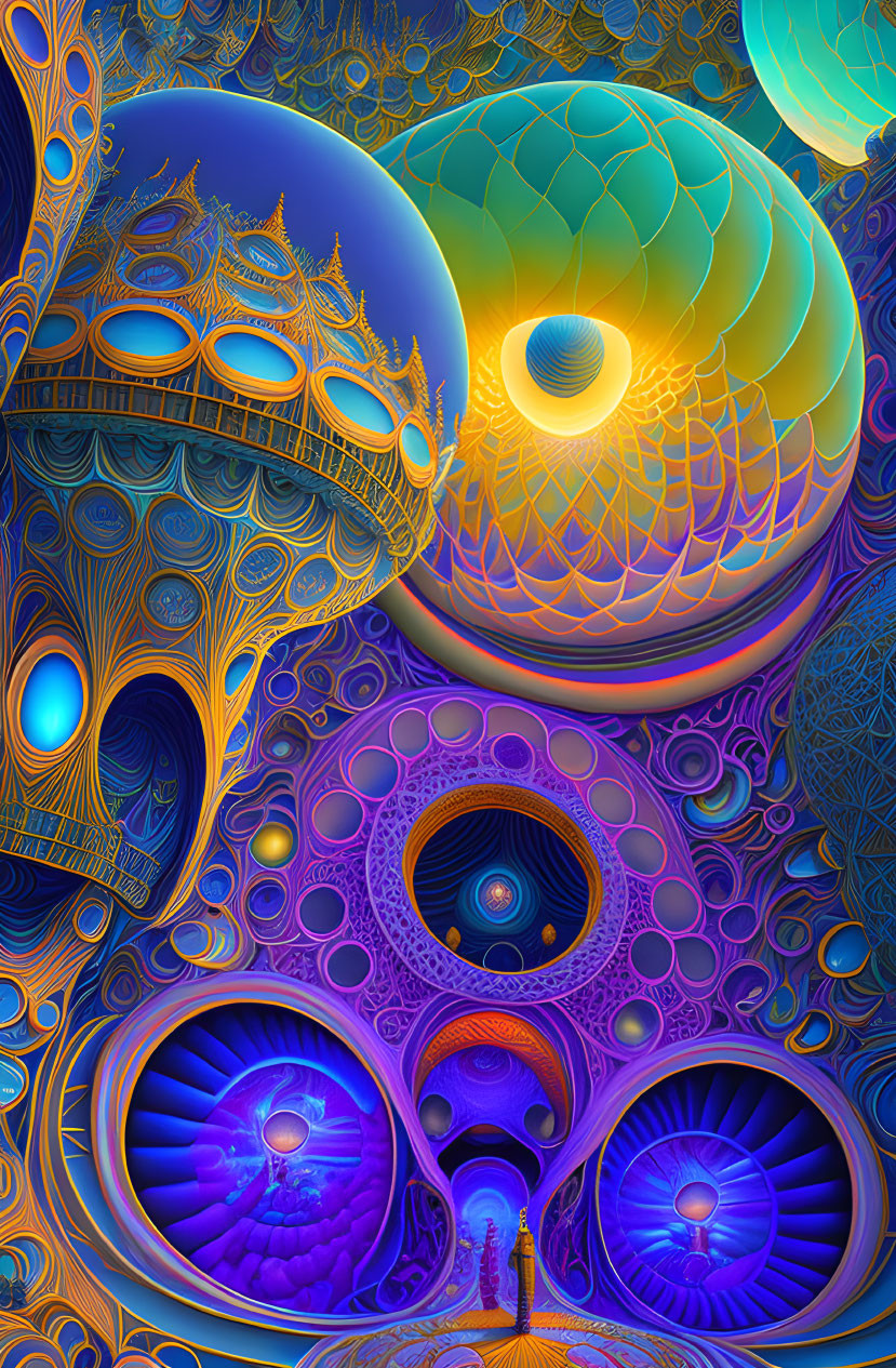 Colorful surreal digital art with intricate patterns and structures featuring a person in a fractal architectural fantasy.