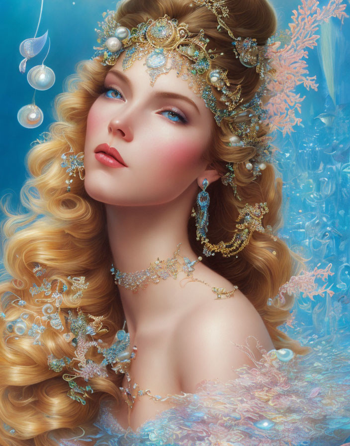 Golden-haired woman with jewelry on blue backdrop and coral motifs