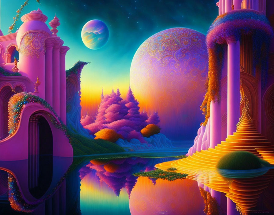 Whimsical purple architecture in vibrant fantasy landscape