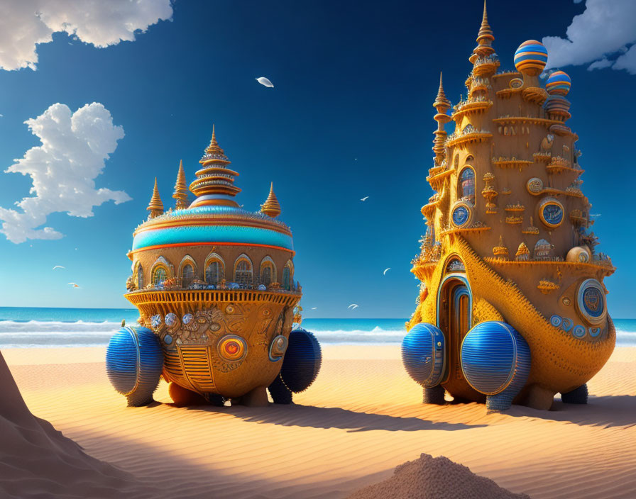 Ornate Sandcastles with Blue Spheres on Sunny Beach