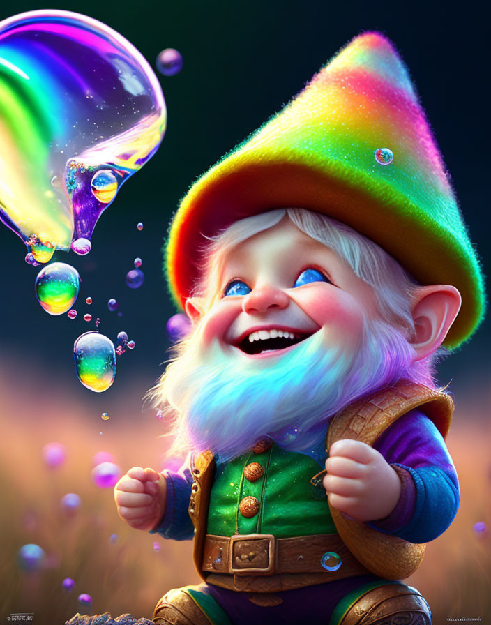 Colorful Hat Fantasy Gnome Gazing at Iridescent Bubbles