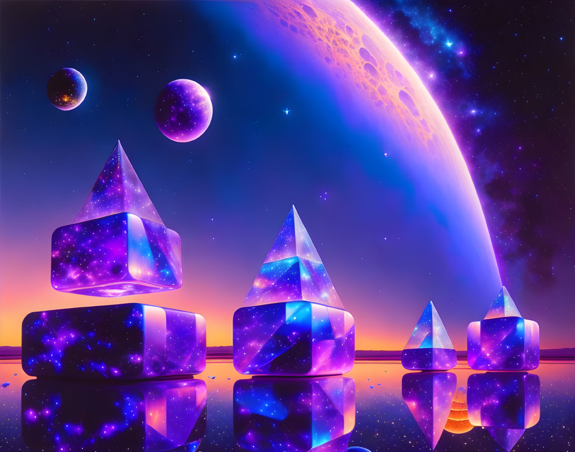 Surreal landscape with glowing crystals, planet, moons, and starry sky