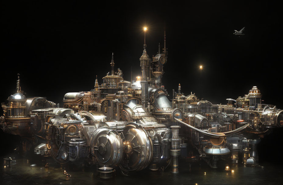 Steampunk cityscape with metallic towers and flying craft