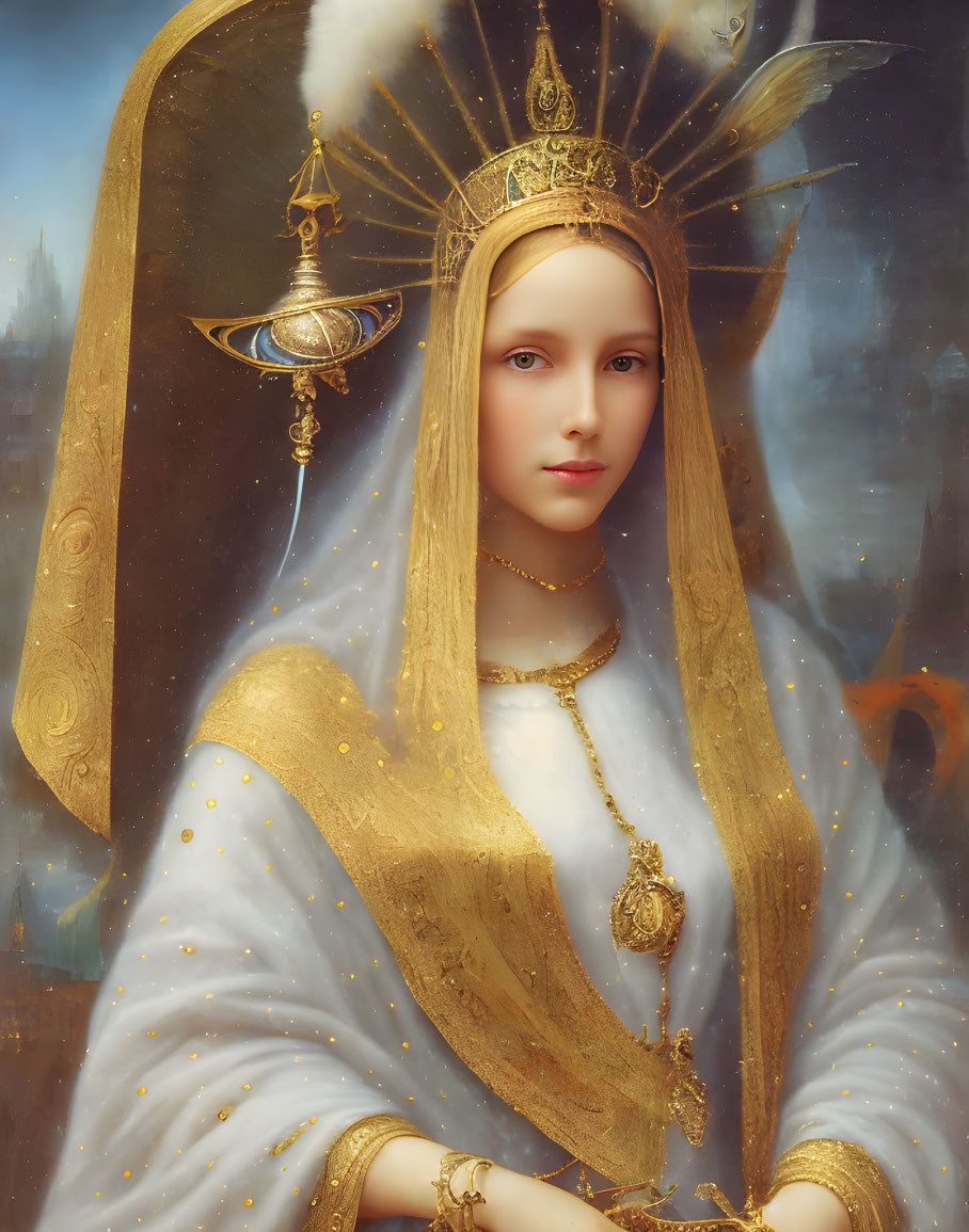 Golden headdress woman with glowing halo and eye-shaped amulet.