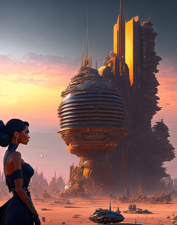 Woman observing futuristic cityscape with towering structures and flying vehicles under orange sky