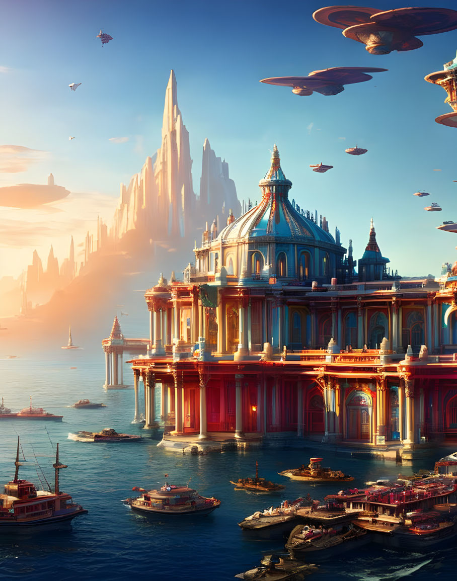 Ornate waterfront cityscape with flying vehicles and towering spire