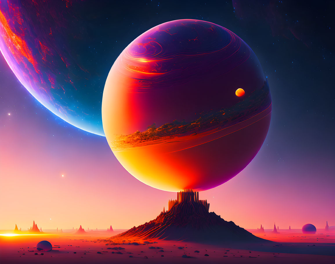 Large Jupiter-like planet in vibrant sci-fi landscape