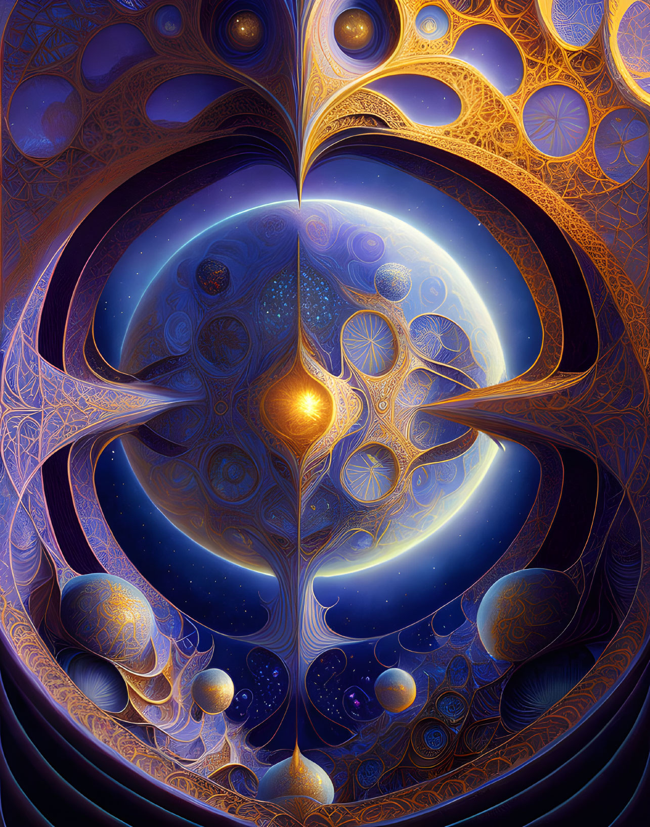 Cosmic Scene with Luminous Orb and Geometric Patterns