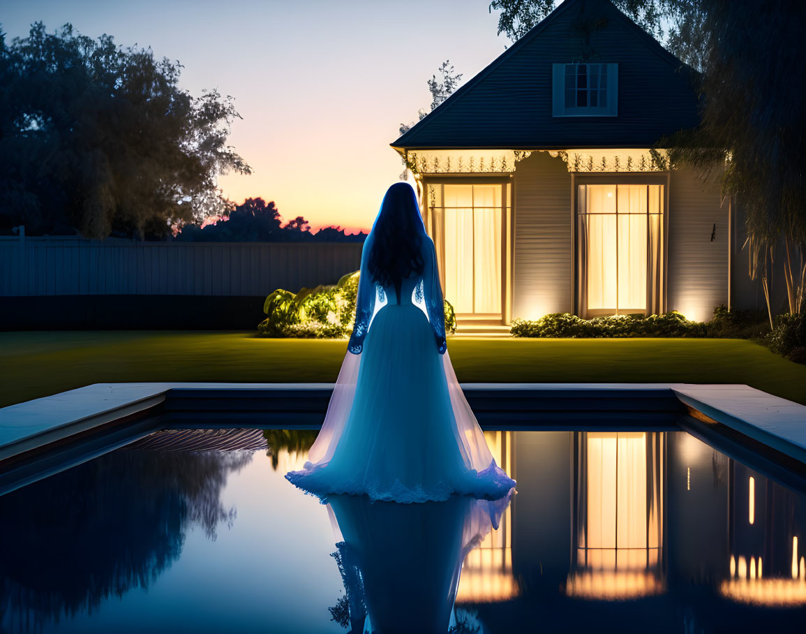 Person in white dress gazes at lit house by pool at twilight