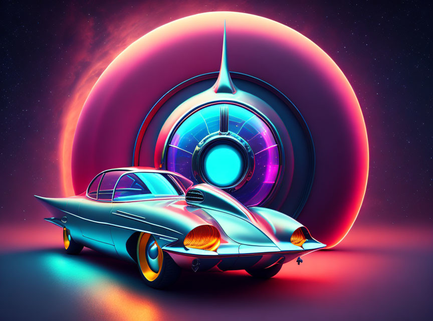 Vintage Futuristic Car in Front of Glowing Neon Portal