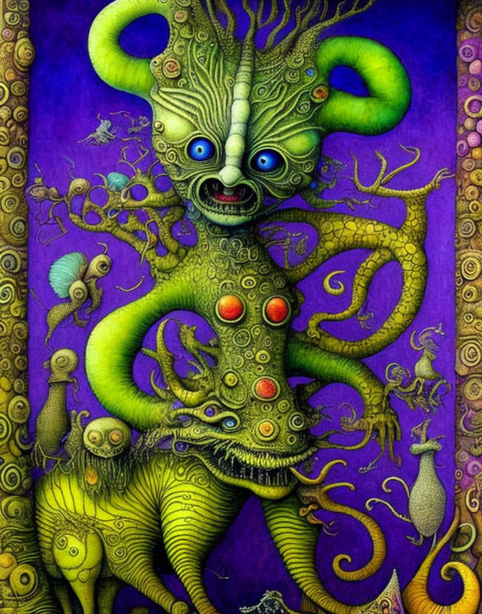 Colorful surreal creature with tentacle-like arms in vibrant scene