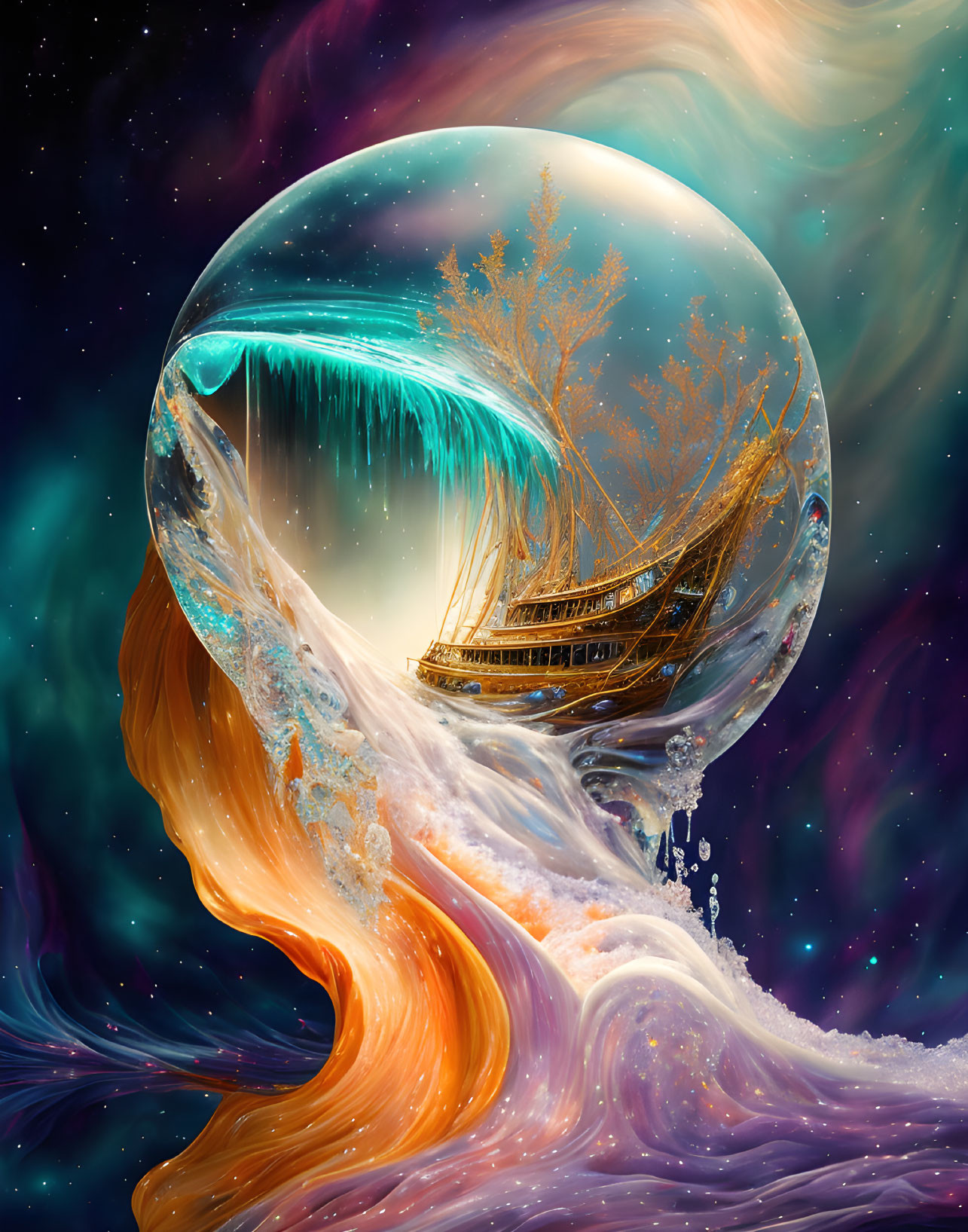 Colorful digital artwork: ship in bubble with waterfall, cosmic colors, autumn trees