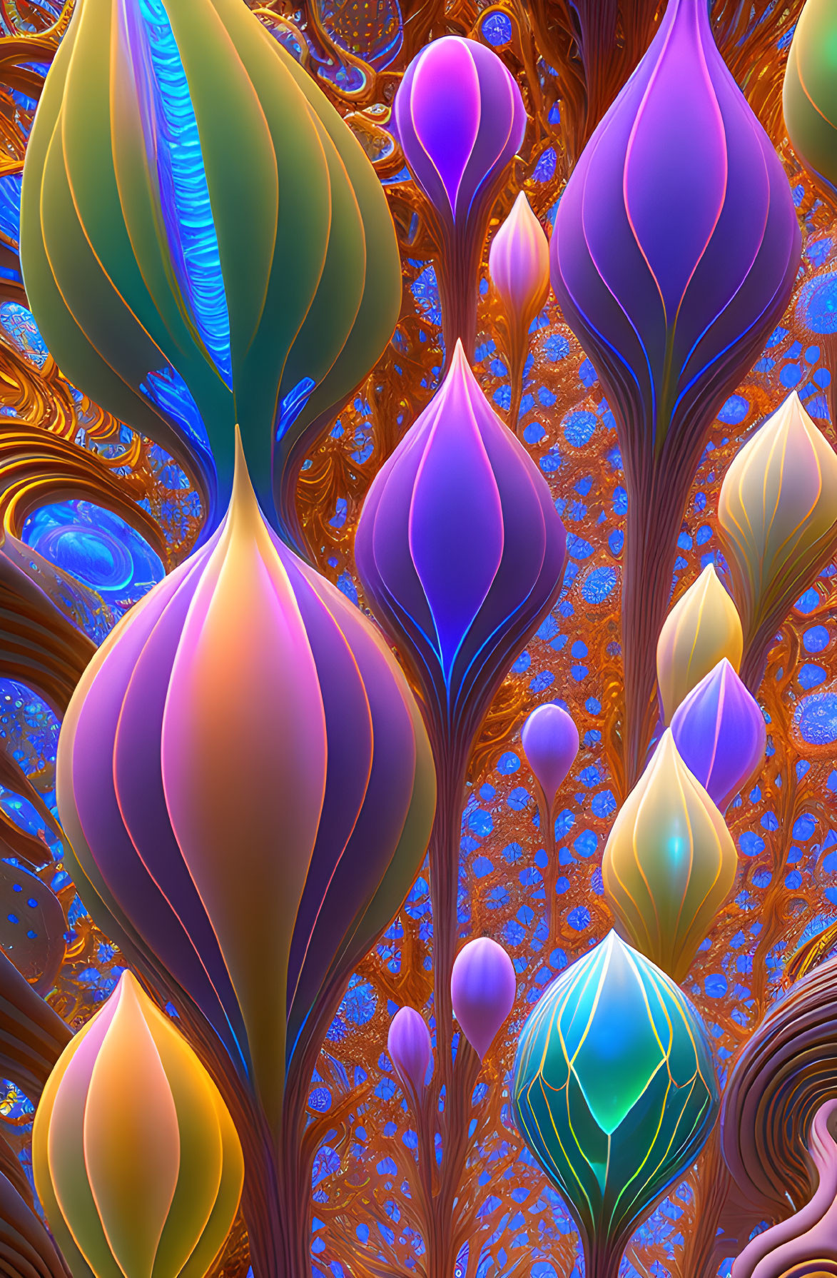 Colorful Fractal Art: Tree-Like Shapes in Purple, Blue, and Gold