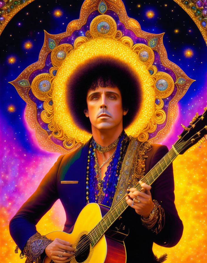 Psychedelic portrait of man with afro and guitar in cosmic backdrop