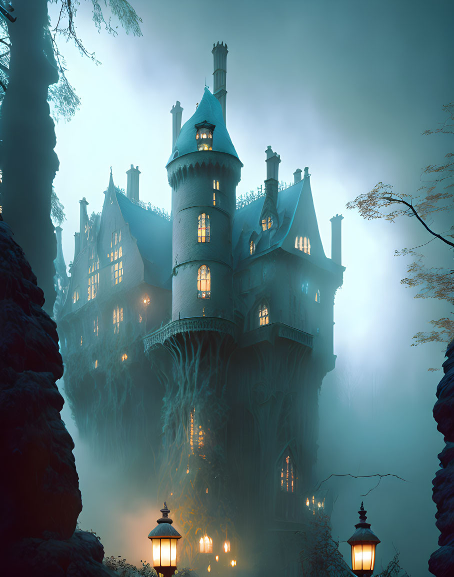 Eerie Mansion in Misty Forest with Illuminated Windows