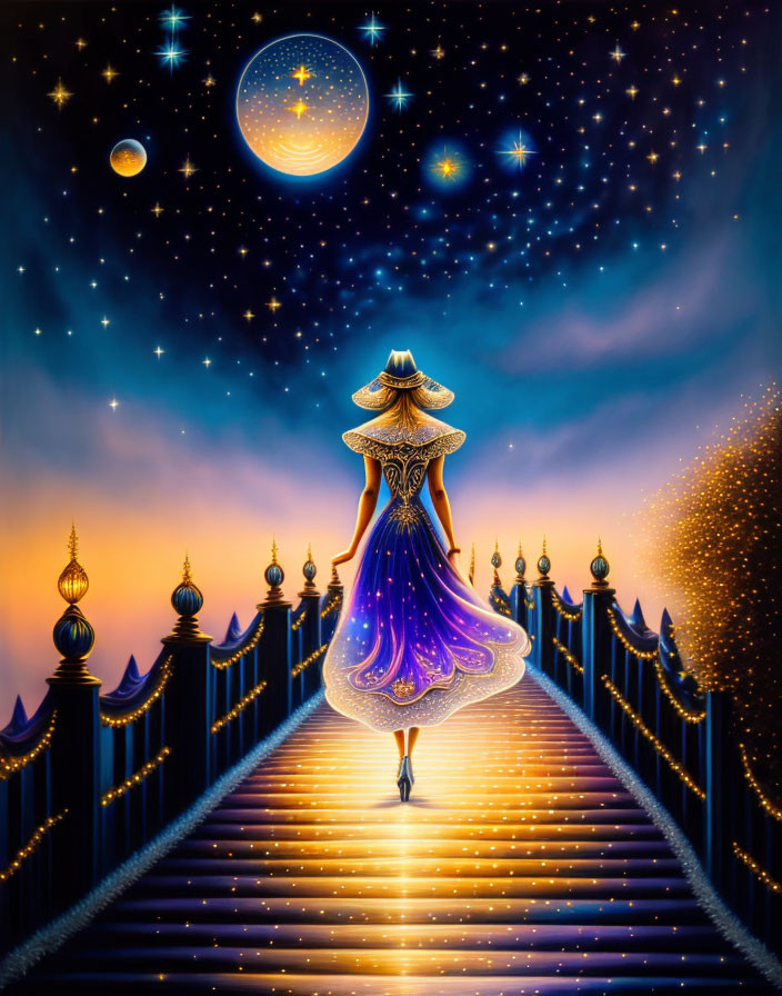 Mystical figure in ornate blue gown under celestial sky