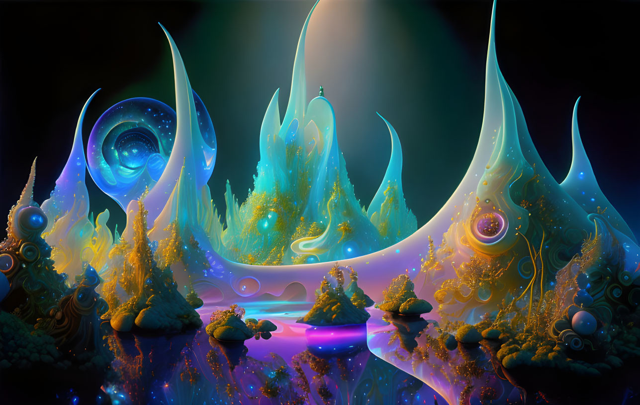 Vibrant otherworldly landscape with glowing, curvy structures against dark cosmic backdrop