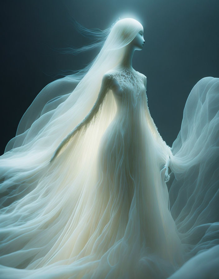 Ethereal Figure in Flowing Translucent Fabric